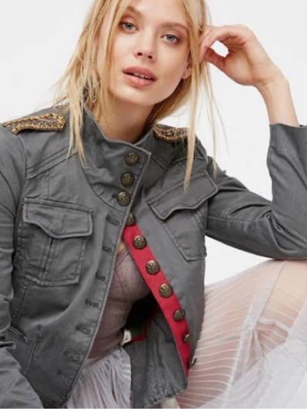 Free People "Shrunken Officer" jacket featuring a gray denim wash | Size Small